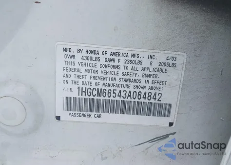 2003 Honda Accord 3.0 Ex from USA, damaged, VIN 1HGCM66543A064842